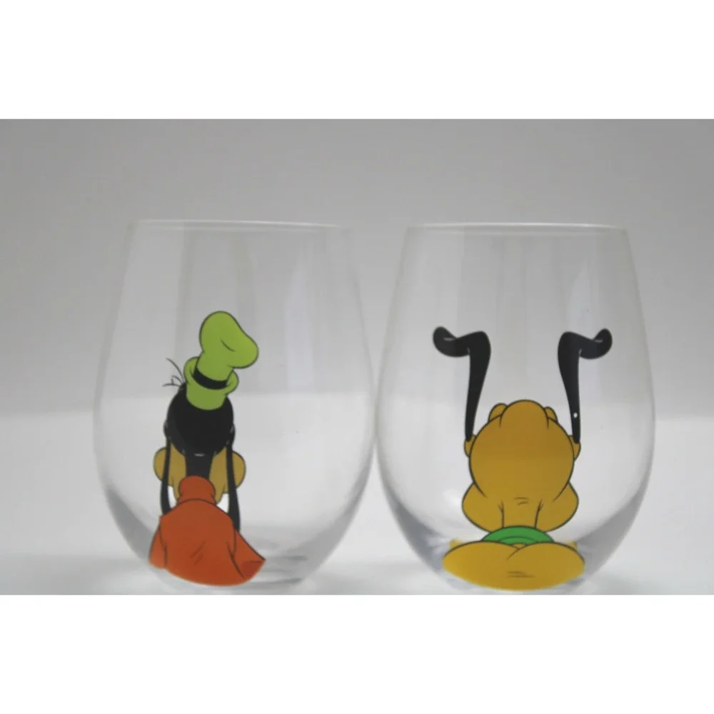 Disney Goofy Pluto Stemless‎ Wine Glass Set 2 Clear Character Barware Tumblers